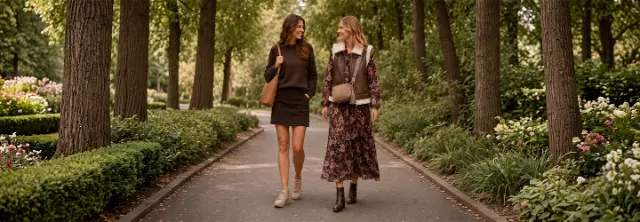 Dos mujeres con looks de moda paseando por un parque.